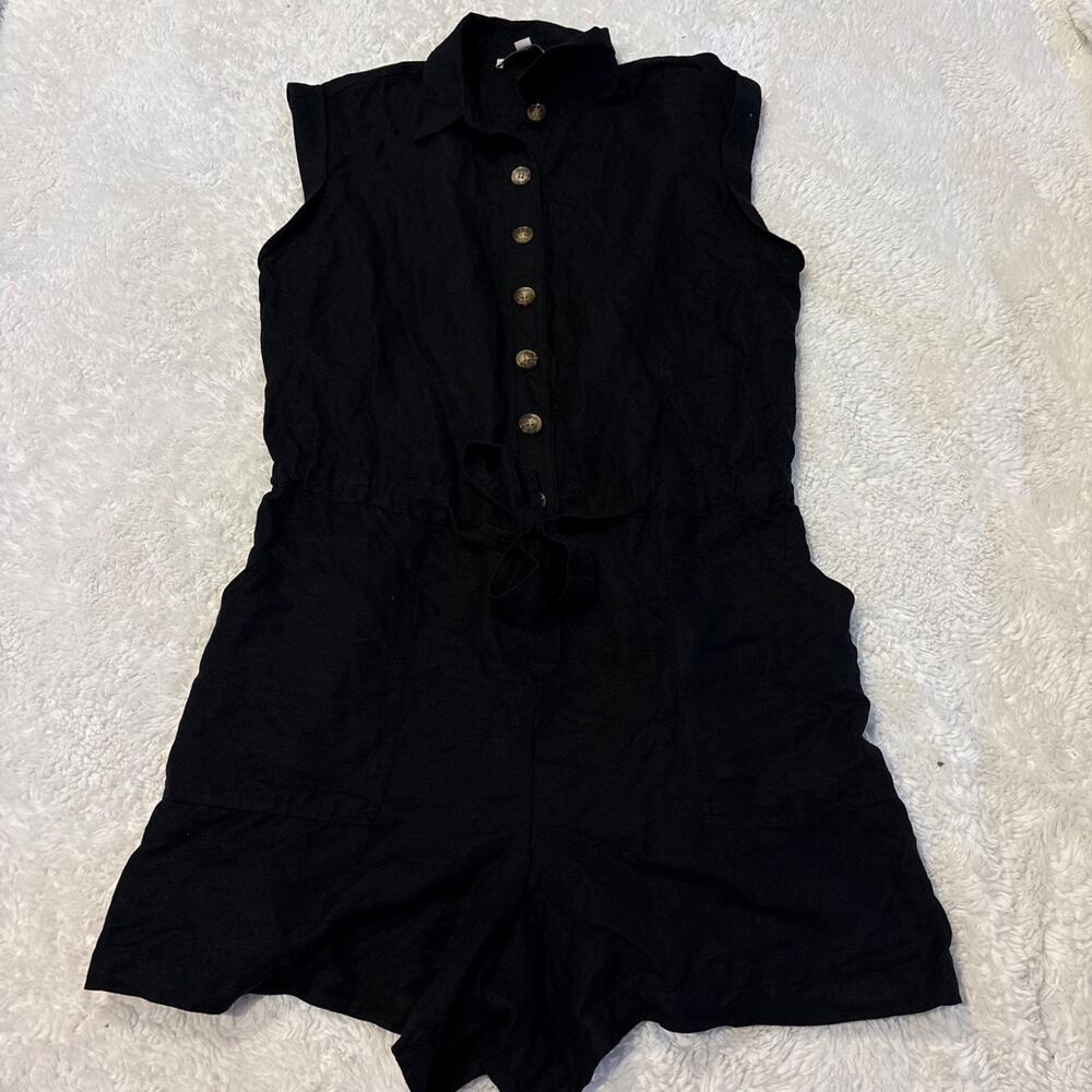 LOFT Women Black Linen Short Sleeve Romper Boho Indie Resort Casual Preppy Sz L